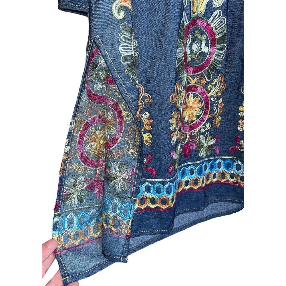 Anthropologie Uncle Frank Blue Denim Embroidered BOHO Split Neck Peasant Top SM - Picture 9 of 13